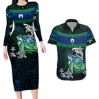Torres Strait Islands Sea Turtle and Dhari Couples Matching Long Sleeve Bodycon Dress and Hawaiian Shirt Oceanic Indigenous Dotwork Tribal Illustration