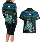 Torres Strait Islands Sea Turtle and Dhari Couples Matching Long Sleeve Bodycon Dress and Hawaiian Shirt Oceanic Indigenous Dotwork Tribal Illustration