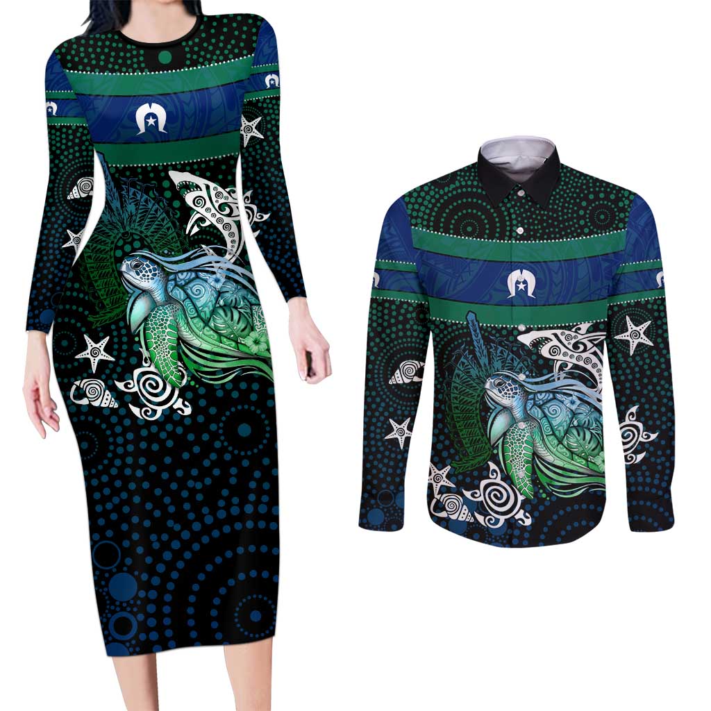 Torres Strait Islands Sea Turtle and Dhari Couples Matching Long Sleeve Bodycon Dress and Long Sleeve Button Shirt Oceanic Indigenous Dotwork Tribal Illustration
