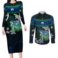 Torres Strait Islands Sea Turtle and Dhari Couples Matching Long Sleeve Bodycon Dress and Long Sleeve Button Shirt Oceanic Indigenous Dotwork Tribal Illustration