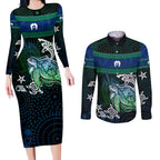 Torres Strait Islands Sea Turtle and Dhari Couples Matching Long Sleeve Bodycon Dress and Long Sleeve Button Shirt Oceanic Indigenous Dotwork Tribal Illustration