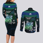 Torres Strait Islands Sea Turtle and Dhari Couples Matching Long Sleeve Bodycon Dress and Long Sleeve Button Shirt Oceanic Indigenous Dotwork Tribal Illustration
