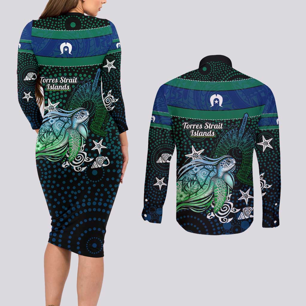 Torres Strait Islands Sea Turtle and Dhari Couples Matching Long Sleeve Bodycon Dress and Long Sleeve Button Shirt Oceanic Indigenous Dotwork Tribal Illustration