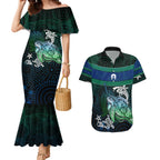Torres Strait Islands Sea Turtle and Dhari Couples Matching Mermaid Dress and Hawaiian Shirt Oceanic Indigenous Dotwork Tribal Illustration