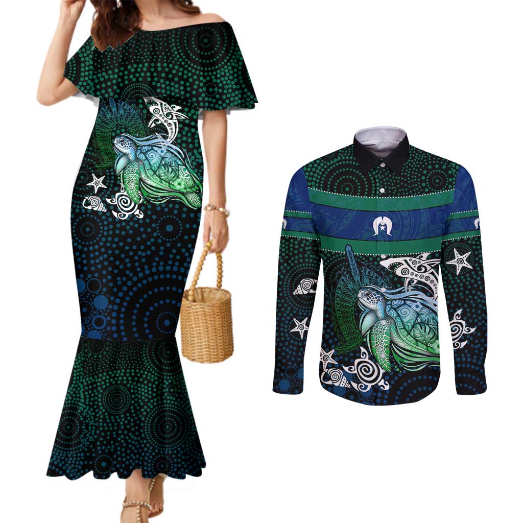 Torres Strait Islands Sea Turtle and Dhari Couples Matching Mermaid Dress and Long Sleeve Button Shirt Oceanic Indigenous Dotwork Tribal Illustration
