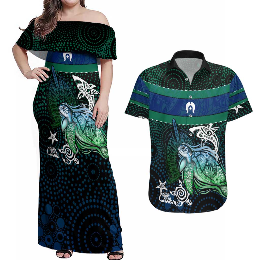 Torres Strait Islands Sea Turtle and Dhari Couples Matching Off Shoulder Maxi Dress and Hawaiian Shirt Oceanic Indigenous Dotwork Tribal Illustration
