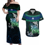Torres Strait Islands Sea Turtle and Dhari Couples Matching Off Shoulder Maxi Dress and Hawaiian Shirt Oceanic Indigenous Dotwork Tribal Illustration