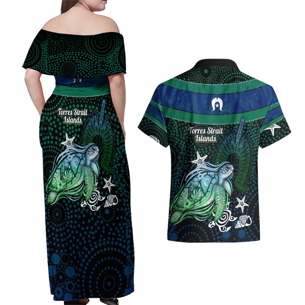 Torres Strait Islands Sea Turtle and Dhari Couples Matching Off Shoulder Maxi Dress and Hawaiian Shirt Oceanic Indigenous Dotwork Tribal Illustration