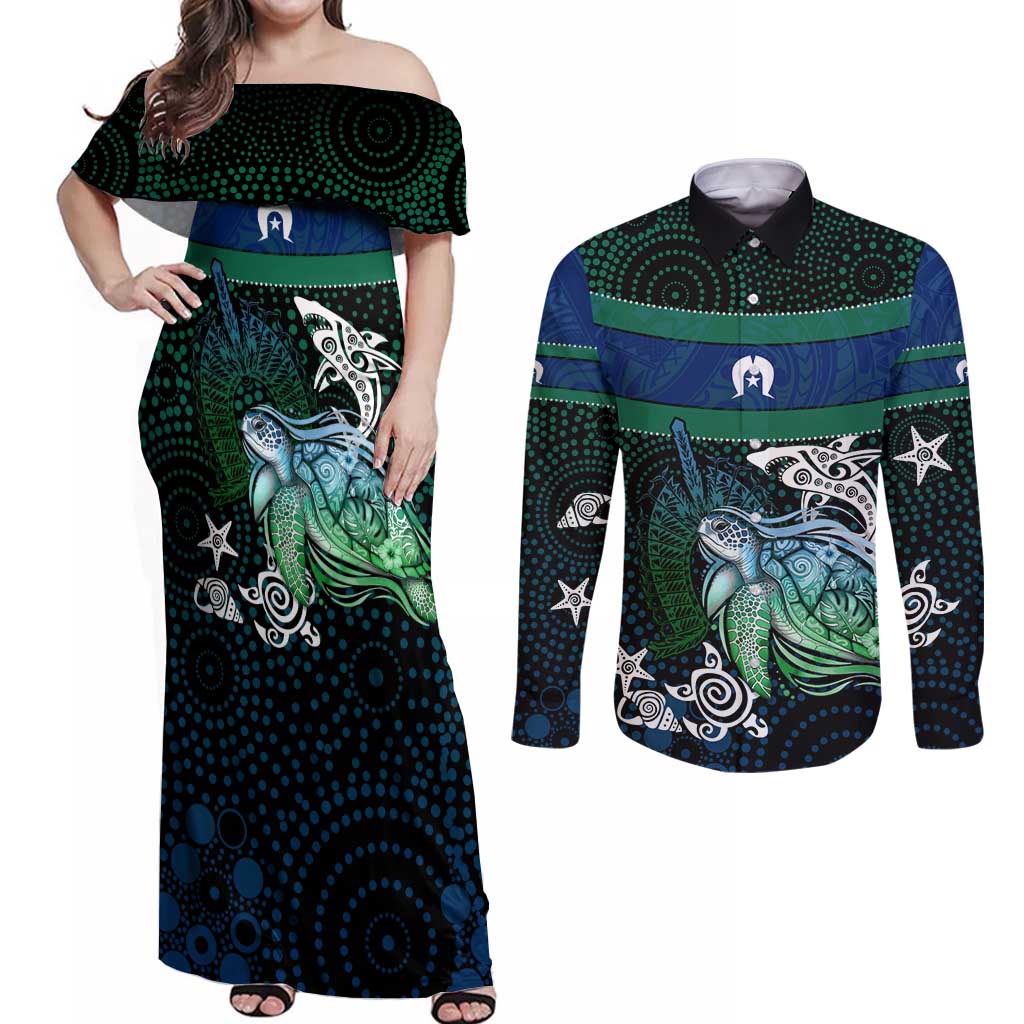 Torres Strait Islands Sea Turtle and Dhari Couples Matching Off Shoulder Maxi Dress and Long Sleeve Button Shirt Oceanic Indigenous Dotwork Tribal Illustration