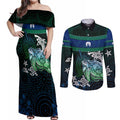Torres Strait Islands Sea Turtle and Dhari Couples Matching Off Shoulder Maxi Dress and Long Sleeve Button Shirt Oceanic Indigenous Dotwork Tribal Illustration