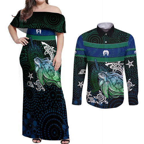 Torres Strait Islands Sea Turtle and Dhari Couples Matching Off Shoulder Maxi Dress and Long Sleeve Button Shirt Oceanic Indigenous Dotwork Tribal Illustration