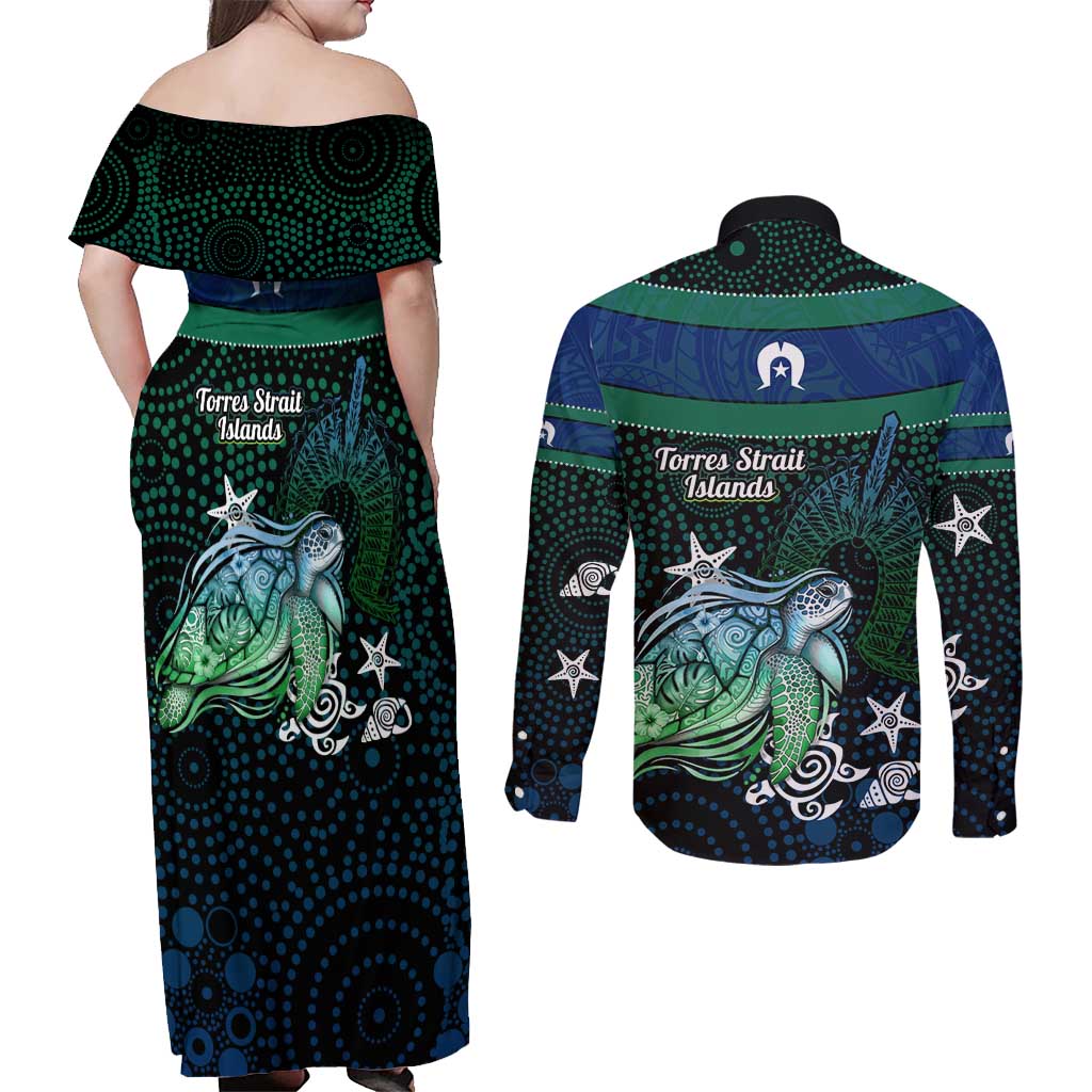Torres Strait Islands Sea Turtle and Dhari Couples Matching Off Shoulder Maxi Dress and Long Sleeve Button Shirt Oceanic Indigenous Dotwork Tribal Illustration