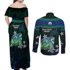 Torres Strait Islands Sea Turtle and Dhari Couples Matching Off Shoulder Maxi Dress and Long Sleeve Button Shirt Oceanic Indigenous Dotwork Tribal Illustration