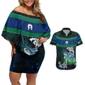 Torres Strait Islands Sea Turtle and Dhari Couples Matching Off Shoulder Short Dress and Hawaiian Shirt Oceanic Indigenous Dotwork Tribal Illustration