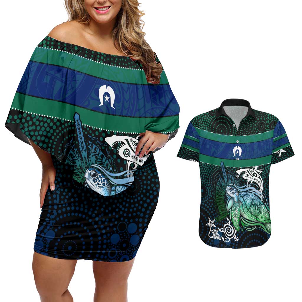 Torres Strait Islands Sea Turtle and Dhari Couples Matching Off Shoulder Short Dress and Hawaiian Shirt Oceanic Indigenous Dotwork Tribal Illustration