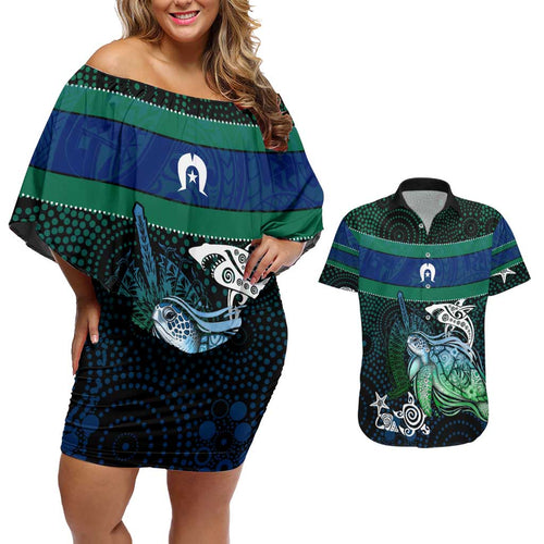 Torres Strait Islands Sea Turtle and Dhari Couples Matching Off Shoulder Short Dress and Hawaiian Shirt Oceanic Indigenous Dotwork Tribal Illustration