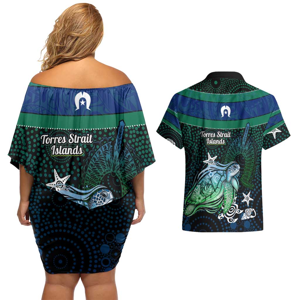 Torres Strait Islands Sea Turtle and Dhari Couples Matching Off Shoulder Short Dress and Hawaiian Shirt Oceanic Indigenous Dotwork Tribal Illustration