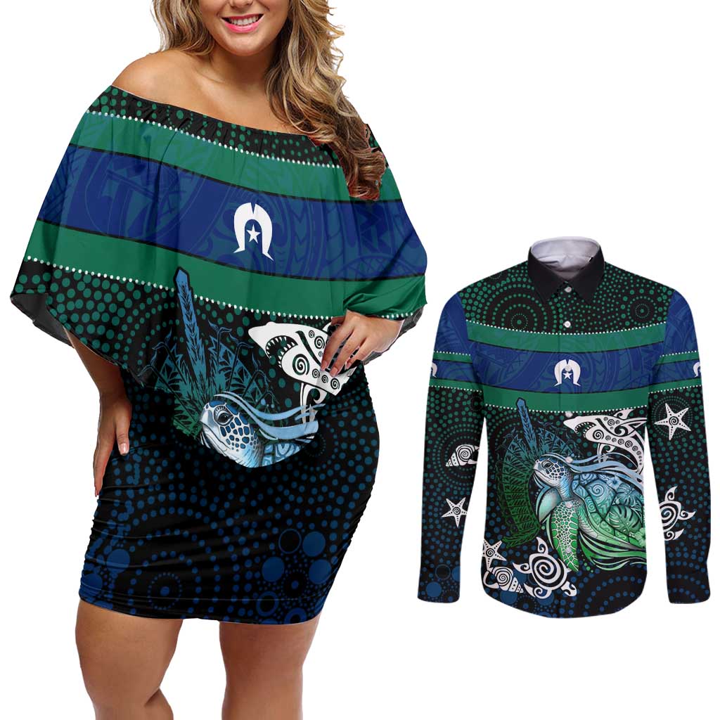 Torres Strait Islands Sea Turtle and Dhari Couples Matching Off Shoulder Short Dress and Long Sleeve Button Shirt Oceanic Indigenous Dotwork Tribal Illustration