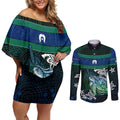 Torres Strait Islands Sea Turtle and Dhari Couples Matching Off Shoulder Short Dress and Long Sleeve Button Shirt Oceanic Indigenous Dotwork Tribal Illustration