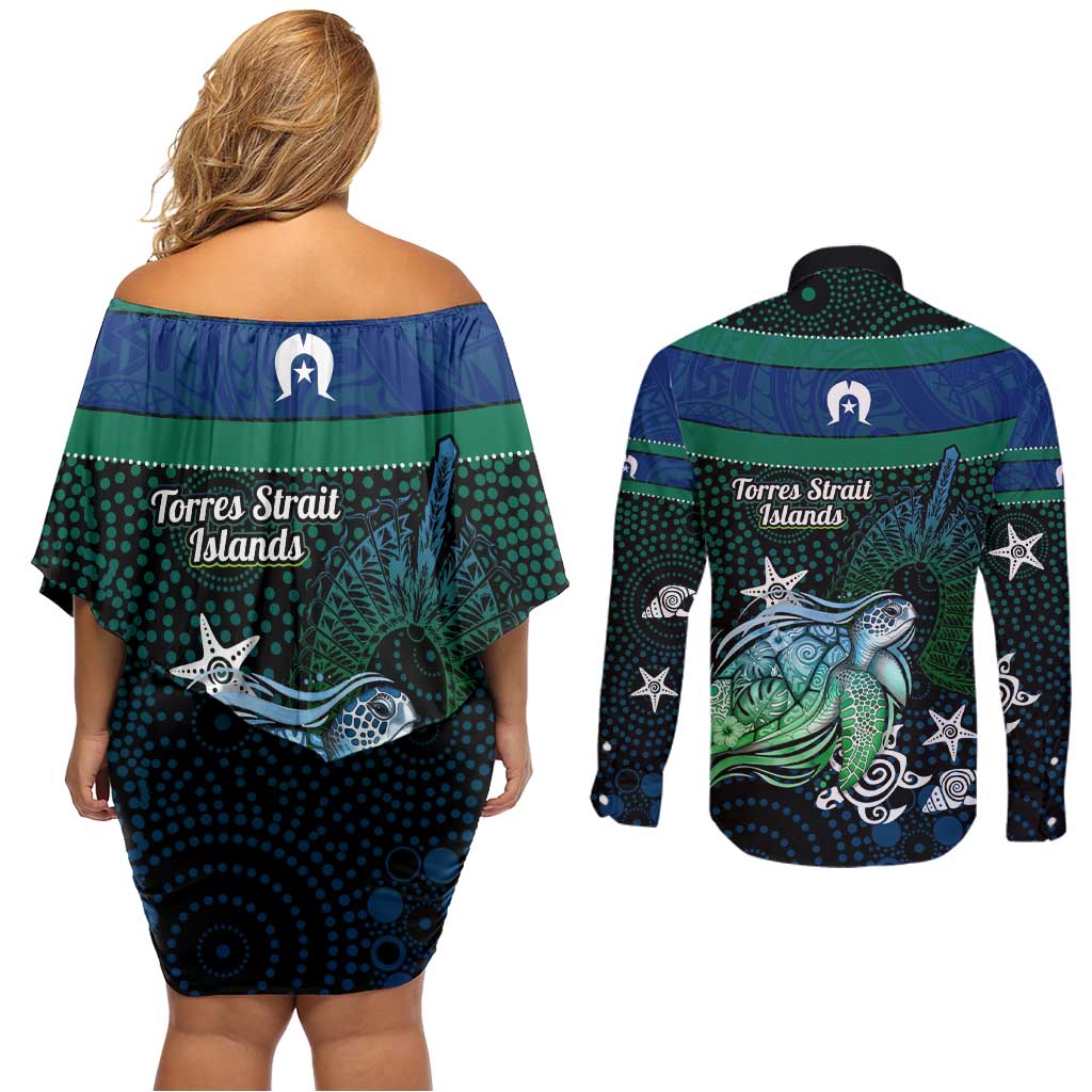 Torres Strait Islands Sea Turtle and Dhari Couples Matching Off Shoulder Short Dress and Long Sleeve Button Shirt Oceanic Indigenous Dotwork Tribal Illustration