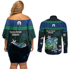 Torres Strait Islands Sea Turtle and Dhari Couples Matching Off Shoulder Short Dress and Long Sleeve Button Shirt Oceanic Indigenous Dotwork Tribal Illustration