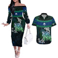 Torres Strait Islands Sea Turtle and Dhari Couples Matching Off The Shoulder Long Sleeve Dress and Hawaiian Shirt Oceanic Indigenous Dotwork Tribal Illustration