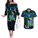 Torres Strait Islands Sea Turtle and Dhari Couples Matching Off The Shoulder Long Sleeve Dress and Hawaiian Shirt Oceanic Indigenous Dotwork Tribal Illustration