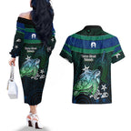 Torres Strait Islands Sea Turtle and Dhari Couples Matching Off The Shoulder Long Sleeve Dress and Hawaiian Shirt Oceanic Indigenous Dotwork Tribal Illustration