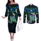 Torres Strait Islands Sea Turtle and Dhari Couples Matching Off The Shoulder Long Sleeve Dress and Long Sleeve Button Shirt Oceanic Indigenous Dotwork Tribal Illustration