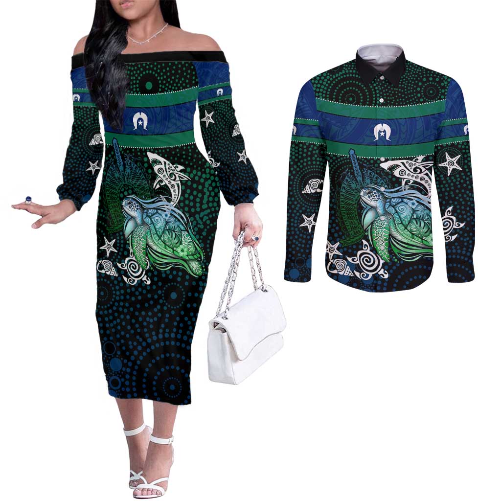 Torres Strait Islands Sea Turtle and Dhari Couples Matching Off The Shoulder Long Sleeve Dress and Long Sleeve Button Shirt Oceanic Indigenous Dotwork Tribal Illustration
