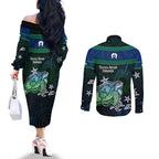 Torres Strait Islands Sea Turtle and Dhari Couples Matching Off The Shoulder Long Sleeve Dress and Long Sleeve Button Shirt Oceanic Indigenous Dotwork Tribal Illustration