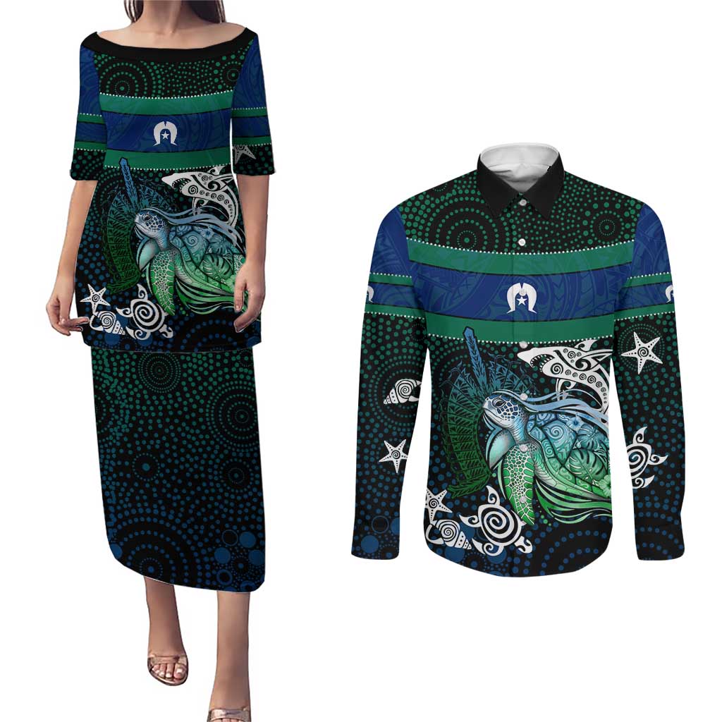Torres Strait Islands Sea Turtle and Dhari Couples Matching Puletasi and Long Sleeve Button Shirt Oceanic Indigenous Dotwork Tribal Illustration