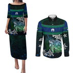 Torres Strait Islands Sea Turtle and Dhari Couples Matching Puletasi and Long Sleeve Button Shirt Oceanic Indigenous Dotwork Tribal Illustration