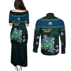 Torres Strait Islands Sea Turtle and Dhari Couples Matching Puletasi and Long Sleeve Button Shirt Oceanic Indigenous Dotwork Tribal Illustration