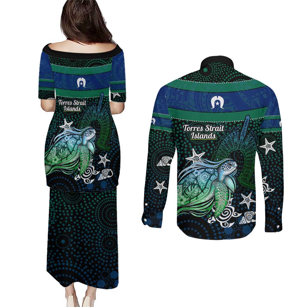 Torres Strait Islands Sea Turtle and Dhari Couples Matching Puletasi and Long Sleeve Button Shirt Oceanic Indigenous Dotwork Tribal Illustration