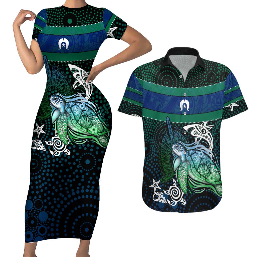 Torres Strait Islands Sea Turtle and Dhari Couples Matching Short Sleeve Bodycon Dress and Hawaiian Shirt Oceanic Indigenous Dotwork Tribal Illustration