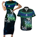 Torres Strait Islands Sea Turtle and Dhari Couples Matching Short Sleeve Bodycon Dress and Hawaiian Shirt Oceanic Indigenous Dotwork Tribal Illustration