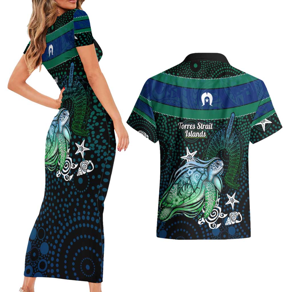 Torres Strait Islands Sea Turtle and Dhari Couples Matching Short Sleeve Bodycon Dress and Hawaiian Shirt Oceanic Indigenous Dotwork Tribal Illustration