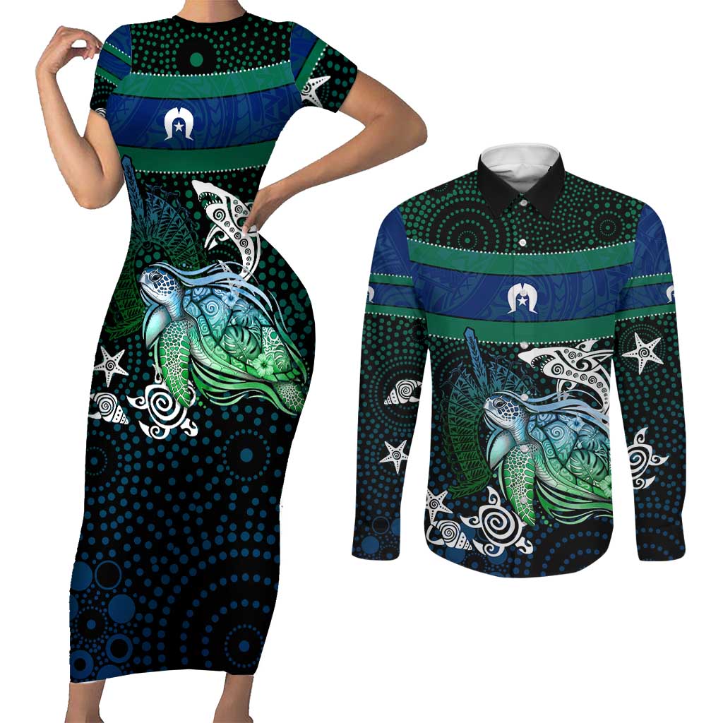 Torres Strait Islands Sea Turtle and Dhari Couples Matching Short Sleeve Bodycon Dress and Long Sleeve Button Shirt Oceanic Indigenous Dotwork Tribal Illustration