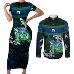 Torres Strait Islands Sea Turtle and Dhari Couples Matching Short Sleeve Bodycon Dress and Long Sleeve Button Shirt Oceanic Indigenous Dotwork Tribal Illustration