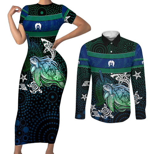 Torres Strait Islands Sea Turtle and Dhari Couples Matching Short Sleeve Bodycon Dress and Long Sleeve Button Shirt Oceanic Indigenous Dotwork Tribal Illustration