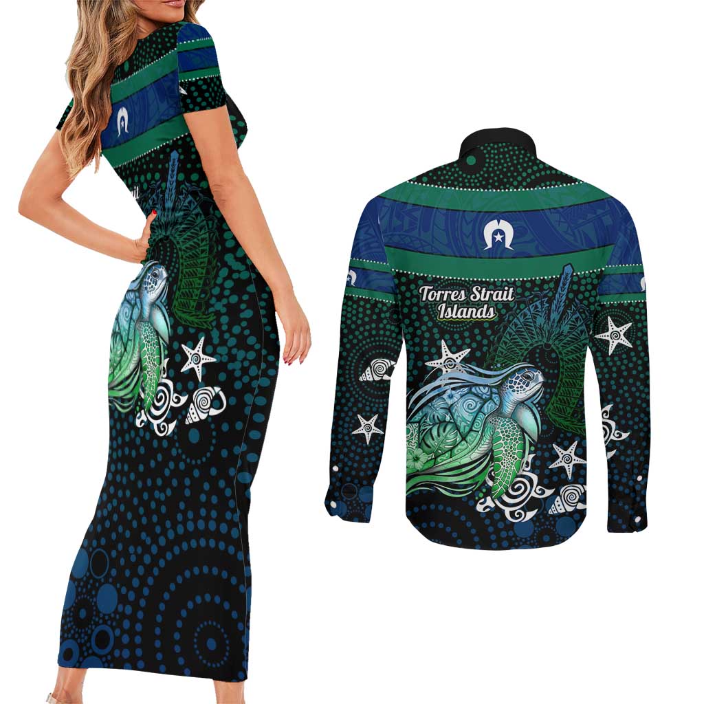 Torres Strait Islands Sea Turtle and Dhari Couples Matching Short Sleeve Bodycon Dress and Long Sleeve Button Shirt Oceanic Indigenous Dotwork Tribal Illustration