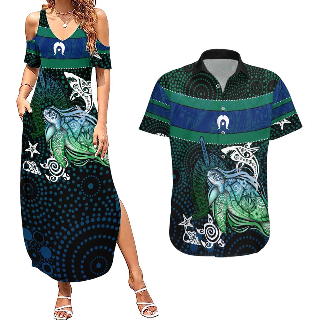 Torres Strait Islands Sea Turtle and Dhari Couples Matching Summer Maxi Dress and Hawaiian Shirt Oceanic Indigenous Dotwork Tribal Illustration