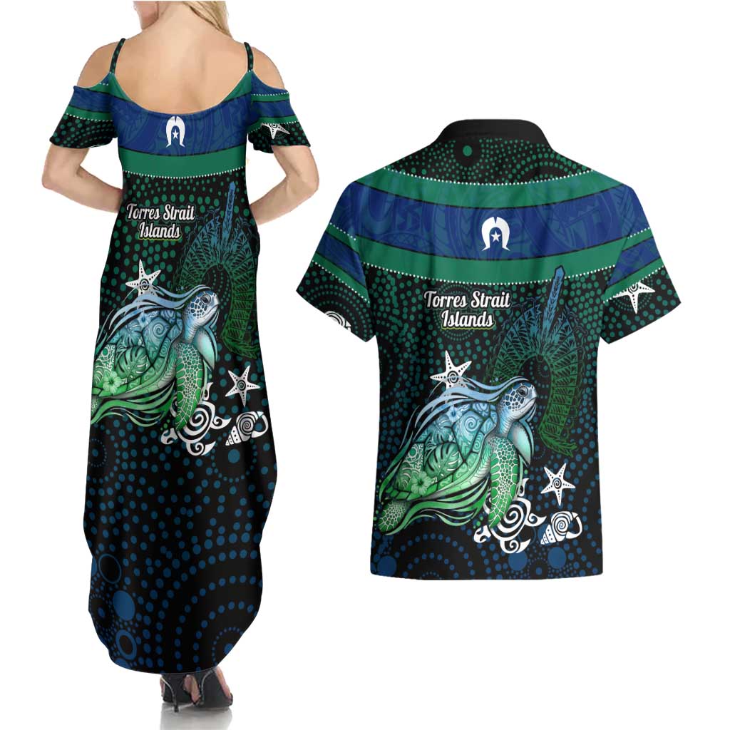 Torres Strait Islands Sea Turtle and Dhari Couples Matching Summer Maxi Dress and Hawaiian Shirt Oceanic Indigenous Dotwork Tribal Illustration