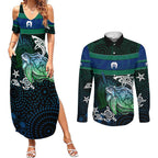 Torres Strait Islands Sea Turtle and Dhari Couples Matching Summer Maxi Dress and Long Sleeve Button Shirt Oceanic Indigenous Dotwork Tribal Illustration