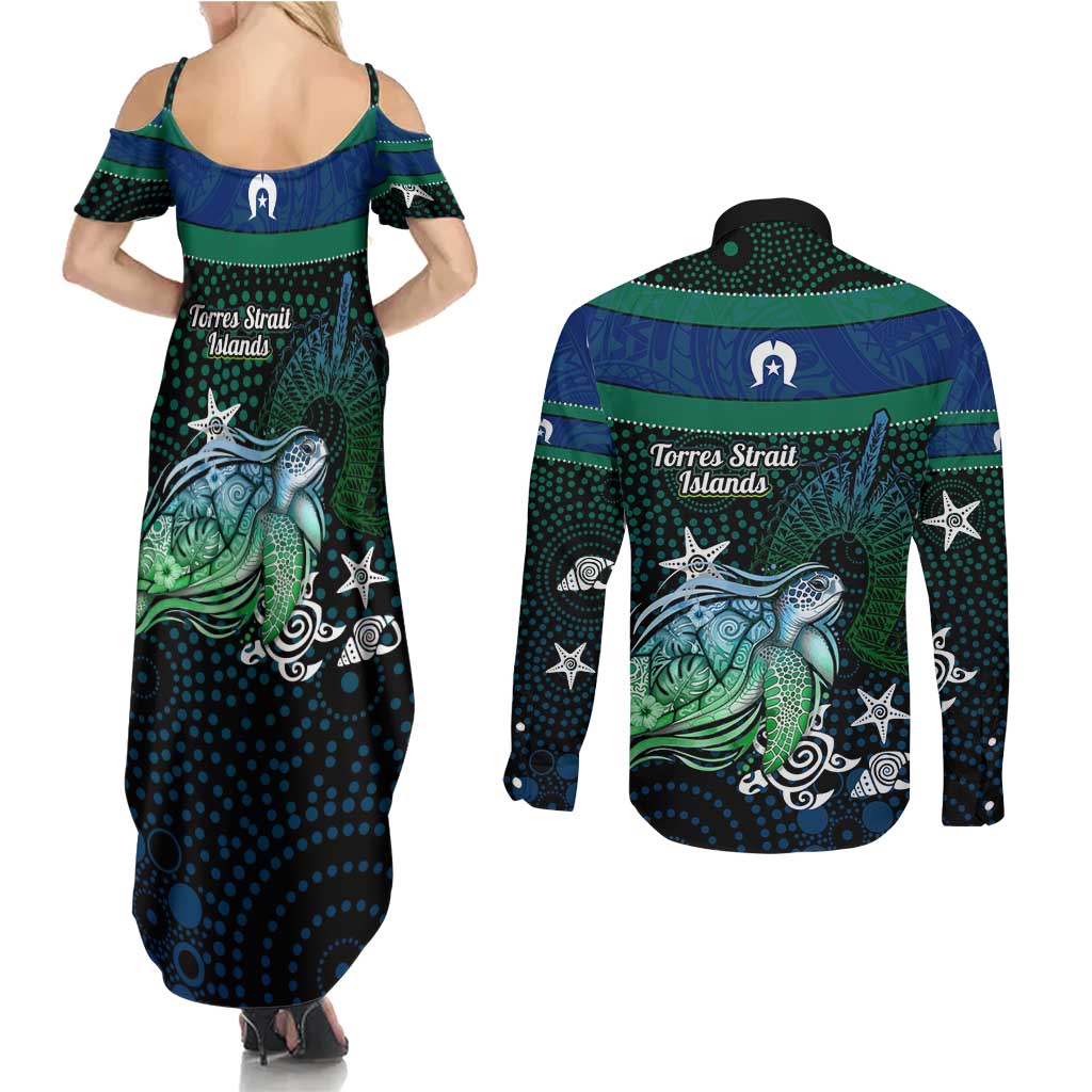 Torres Strait Islands Sea Turtle and Dhari Couples Matching Summer Maxi Dress and Long Sleeve Button Shirt Oceanic Indigenous Dotwork Tribal Illustration