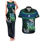 Torres Strait Islands Sea Turtle and Dhari Couples Matching Tank Maxi Dress and Hawaiian Shirt Oceanic Indigenous Dotwork Tribal Illustration