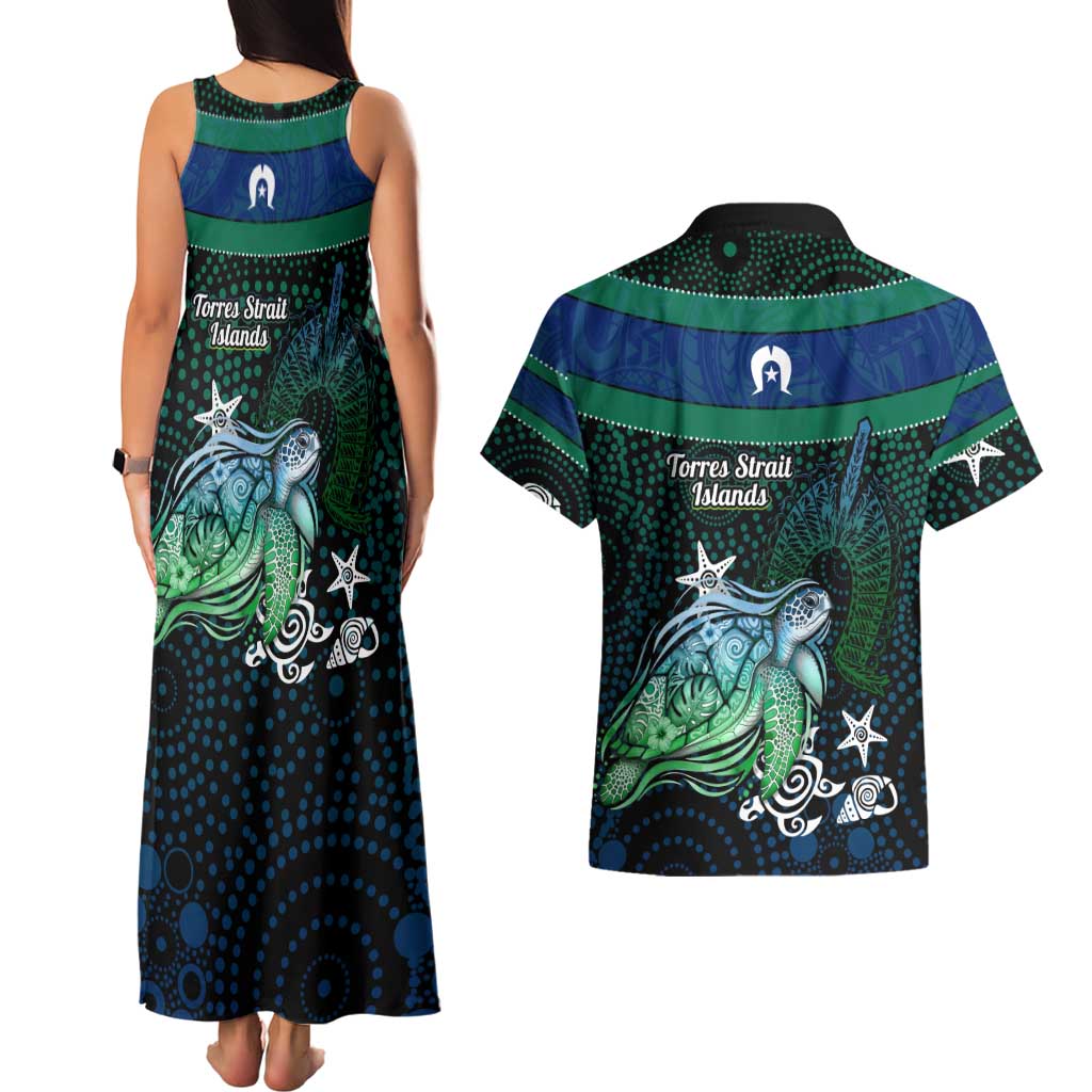 Torres Strait Islands Sea Turtle and Dhari Couples Matching Tank Maxi Dress and Hawaiian Shirt Oceanic Indigenous Dotwork Tribal Illustration