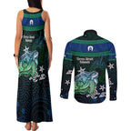 Torres Strait Islands Sea Turtle and Dhari Couples Matching Tank Maxi Dress and Long Sleeve Button Shirt Oceanic Indigenous Dotwork Tribal Illustration