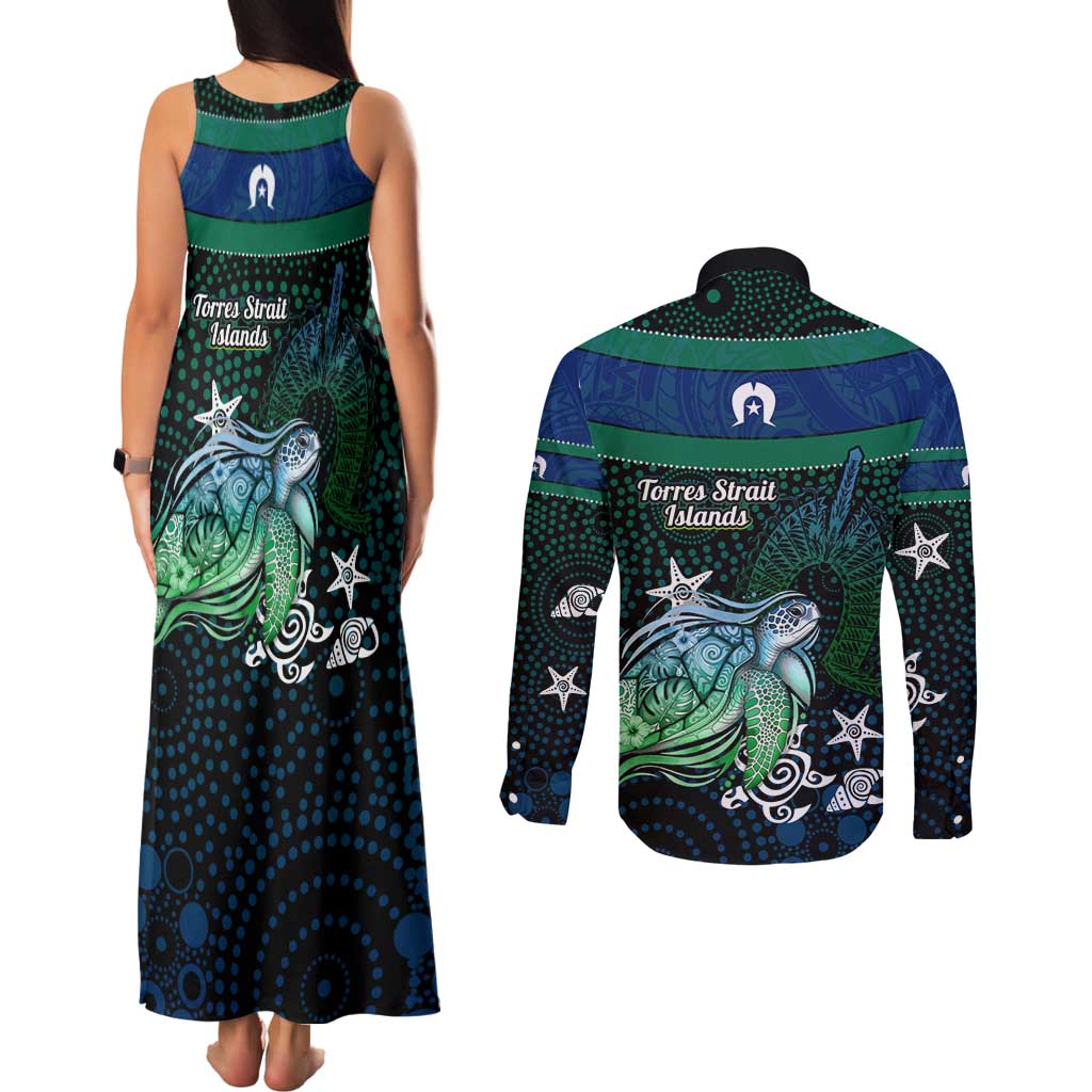 Torres Strait Islands Sea Turtle and Dhari Couples Matching Tank Maxi Dress and Long Sleeve Button Shirt Oceanic Indigenous Dotwork Tribal Illustration